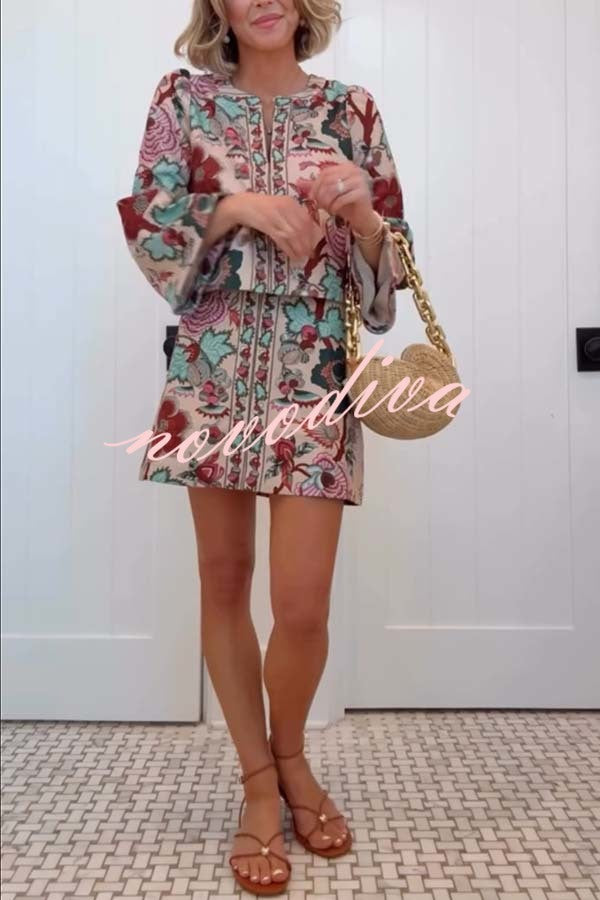 Autumn Garden Printed V-neck Long Bell Sleeve Top and Mid Rise Skirt Set