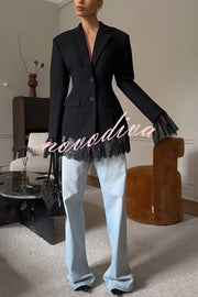 Solid Color Lace Panel Long Sleeve Button Elegant Blazer