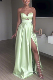 Chic Queen Satin Hollow Strapless Slim High Slit Party Maxi Dress