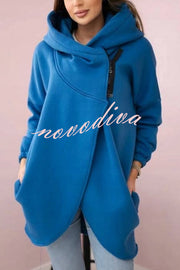 Solid Color Loose Hooded Zip-up Casual Sports Jacket