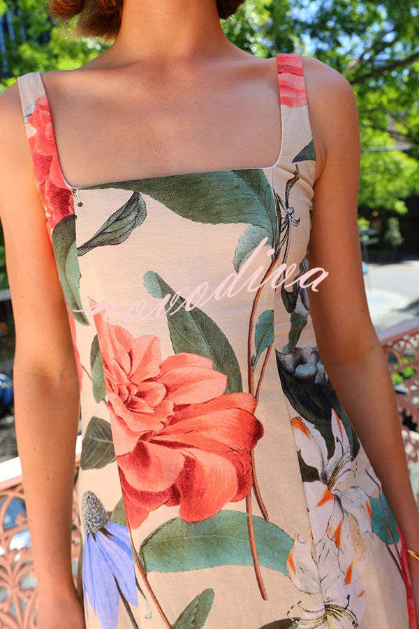 Floral Print Sleeveless Square Neck Big Hem Maxi Dress