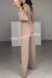 Carlisle One Shoulder Slit Lantern Sleeve Sequin Patchwork Wide Leg Party Jumpsuit