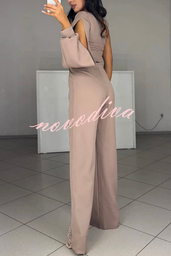 Carlisle One Shoulder Slit Lantern Sleeve Sequin Patchwork Wide Leg Party Jumpsuit