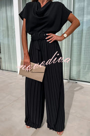 Ivy Cowl Neck Short Sleeve Belt Pleated Loose Wide Leg Jumpsuit