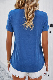 Casual Solid Color Short Sleeved V Neck Hollow T-Shirt