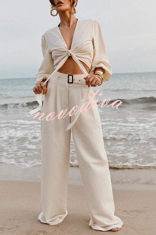 Lets Go Out Linen Blend Balloon Sleeve Wrap Tie-up Loose Top