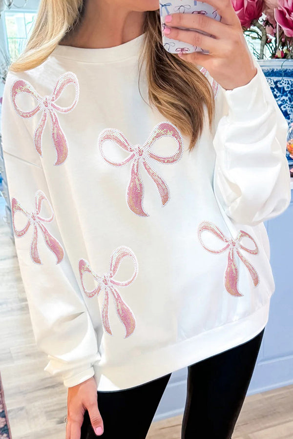 Christmas Sequined Bow Crew Neck Long-sleeved Loose Sweatshirt