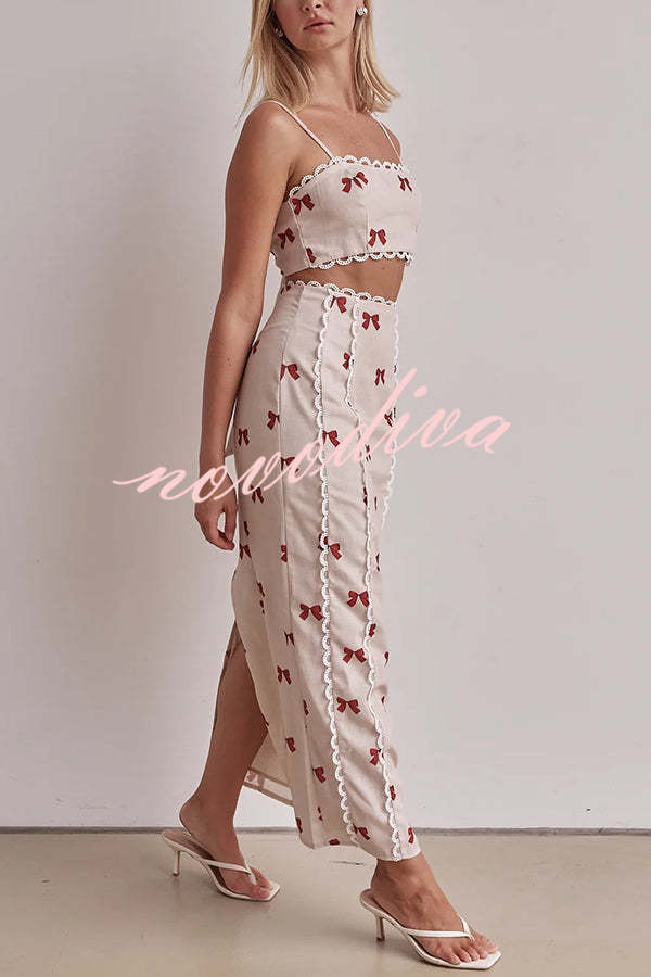 Rosa Linen Blend Bow Print Scallop Lace Trim Crop Tank and High Rise Slit Skirt Set