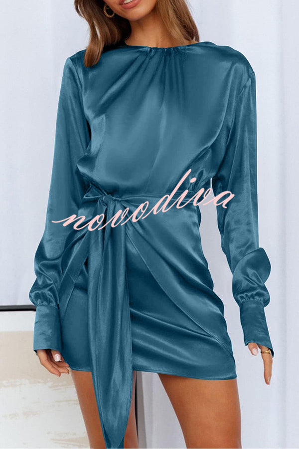 Satin Round Neck Long Sleeve Elastic Tie Mini Dress