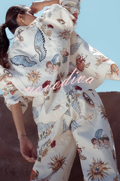 Angel Wings Denim Unique Print Button Up Long Sleeve Pocketed Relaxed Jacket