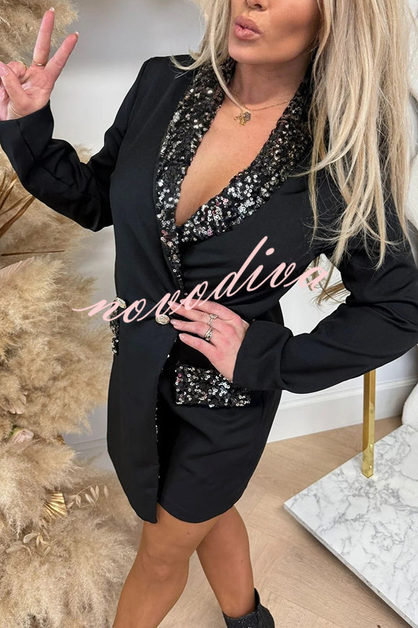 Solid Color Sequined Lapel Long Sleeve Waist Slim Fit Rompers