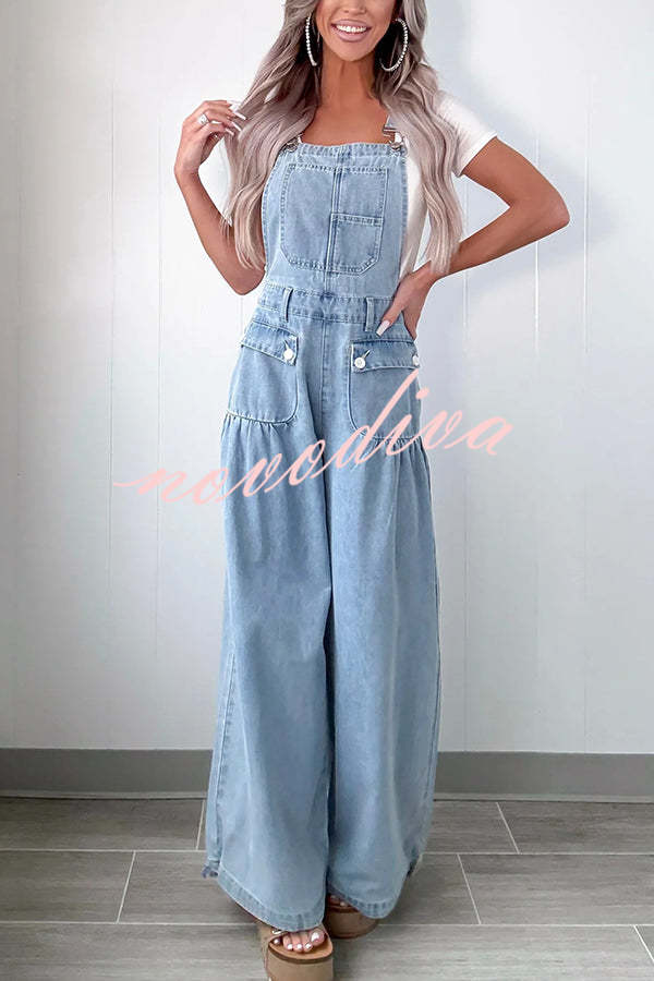 Fashion Casual Pocket Loose Wide-leg Adjustable Leg Cuffs Denim Overalls