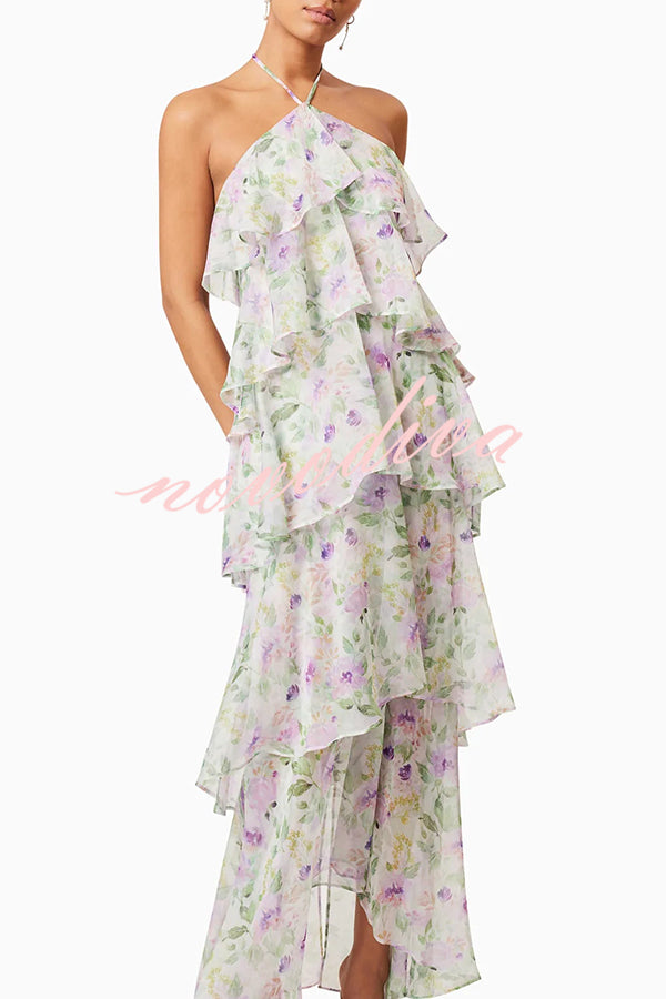 Cocktail Party Sheer Floral Georgette Halter Flowy Tiered Maxi Dress
