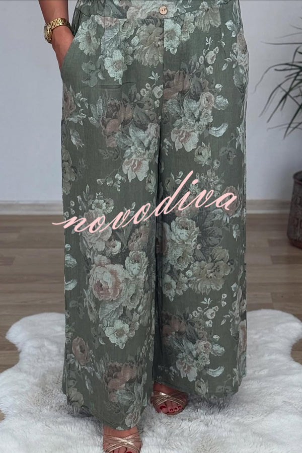Linen Blend Crew Neck Long Sleeve Irregular Loose Top and Elastic Waist Floral Print Casual Pocket Set