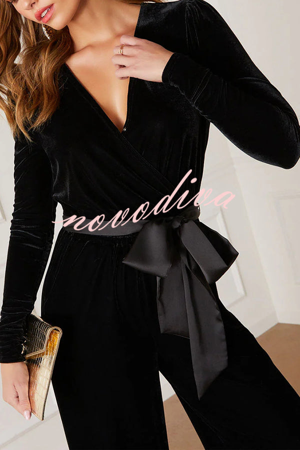 Love One Another Velvet Bow Belted Pocket Cutout Back Loose Jumpsuit