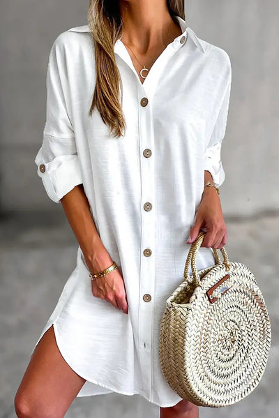 Solid Color Casual Button-Down Shirt Style Mini Dress