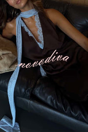 Sunday Social Contrast Color Satin Lace Trim Neck Strap Loose Tank