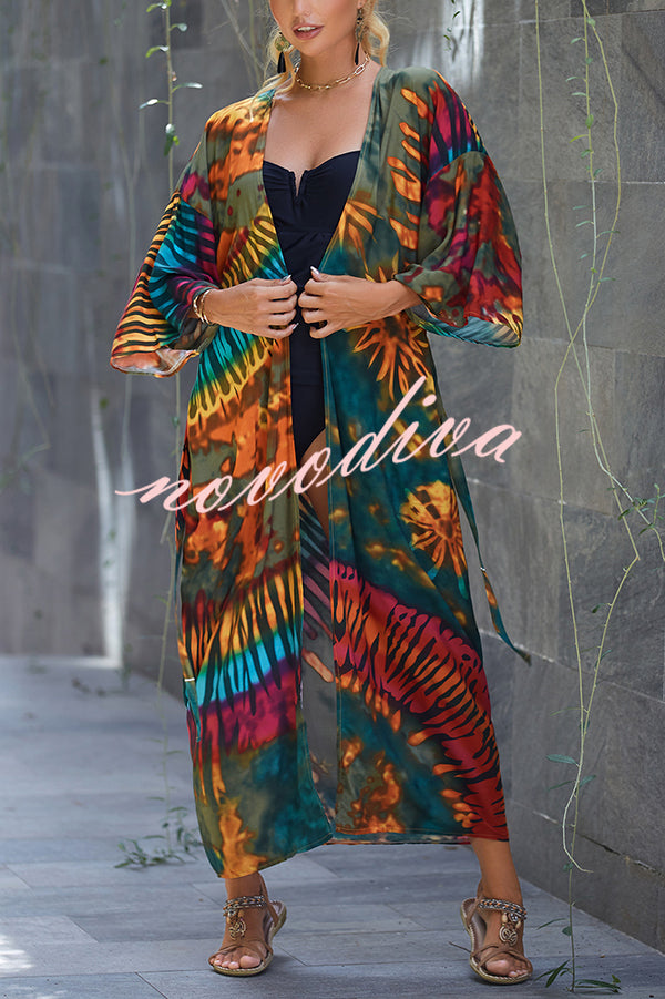 Unique Print Loose Lace Up Holiday Maxi Cover Up