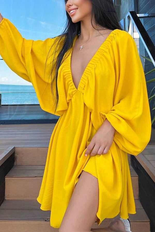 V Neck Puff Sleeve Solid Color Resort Style Mini Dress