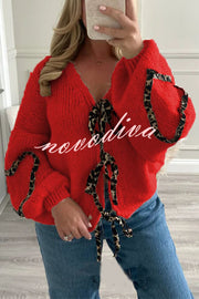 Fashionable Loose Long-sleeved Leopard Print Lace-up Knitted Sweater Cardigan