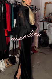 Eve Velvet Open Back Tassel Trim Long Sleeve Slit Maxi Dress