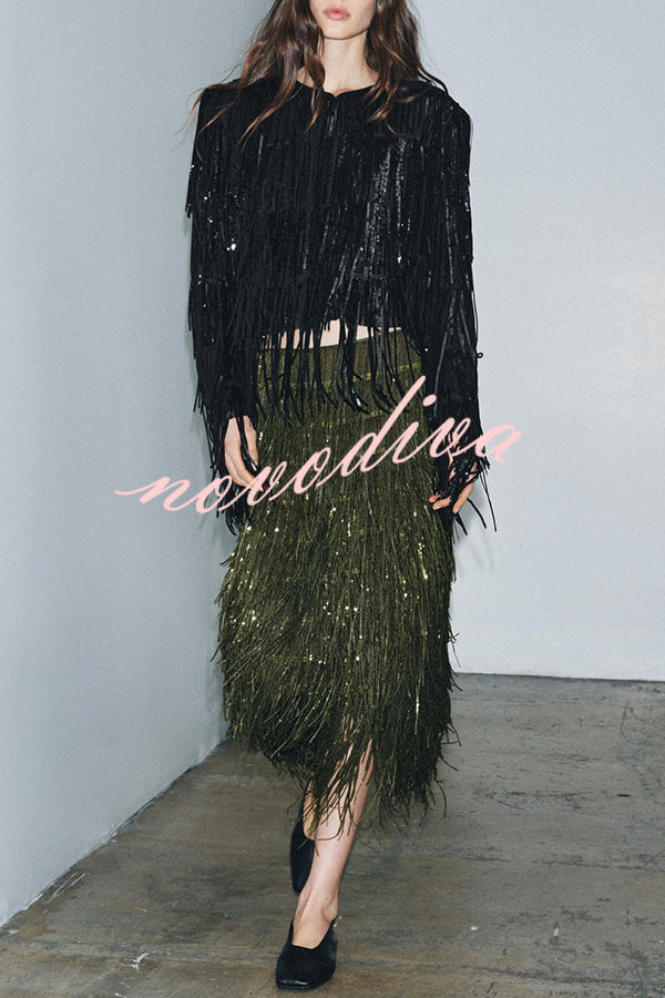 Party Crasher Layered Sequined Tassels Long Sleeve Loose Jacket