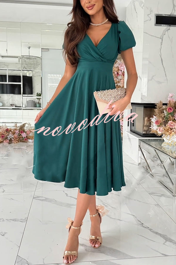 Zayla Solid Color Puff Sleeve V-neck Waist Slim Fit Midi Dress