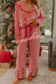Nutcracker Charm Embroidered Gingham Loose Shirt and Elastic Waist Pajama Set