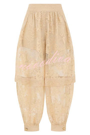 Ellie Lace Gathered Waist Pocket Button Ankle Cuffs Harem Pant