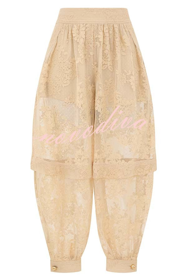 Ellie Lace Gathered Waist Pocket Button Ankle Cuffs Harem Pant