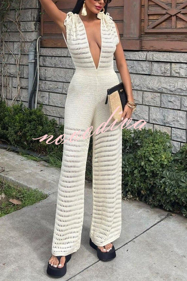 Solid Color Knitted V-neck Holiday Hollow Casual Jumpsuit