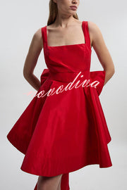 Red Drama Taffeta Square Neck Back Oversized Bow Pocket Mini Dress