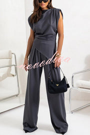 Jordy Ruched Shoulder Slit Top and Elastic Waist Pocketed Wide Leg Pants Set