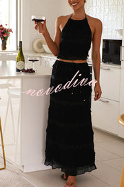 Feel Chic and Romantic Sequin Textured Material Drawstring Waist Tiered Maxi Skirt