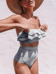 Flounce Sleeve Bandeau Stripe Swimsuit