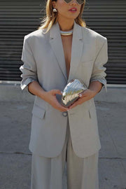Girl Boss Avant-garde Contrast Colors Lapel Boyfriend Blazer and Pocketed Wide Leg Pants Set
