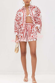 Like Paradise Floral Print Wide Sleeve Shirt and Elastic Waist Pocketed Shorts Set