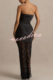 Dulcie Lace and Satin Patchwork Asymmetrical Pleats Bandeau Maxi Dress