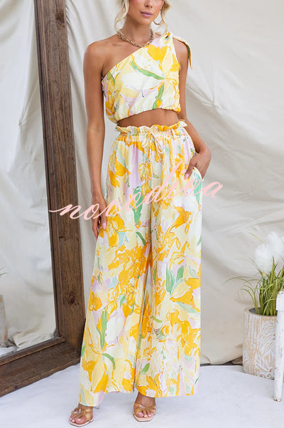 Soleila Floral Print One Shoulder Tie-up Crop Top and Elastic Waist Pocket Loose Pants Set