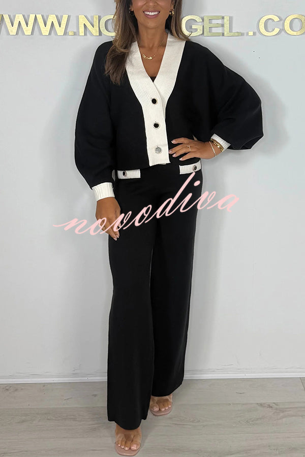 Fashion Contrast Color V-neck Loose Cardigan and Elastic Waist Casual Pants Set