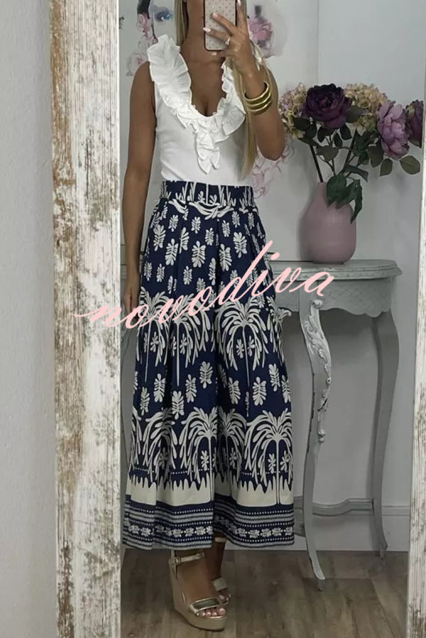 Unique Print Elastic Waist Loose Pocket Holiday Wide Leg Pants