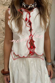 Sunny Day Linen Blend Contrast Embroidered Print Scallop Trim Lace-up Top
