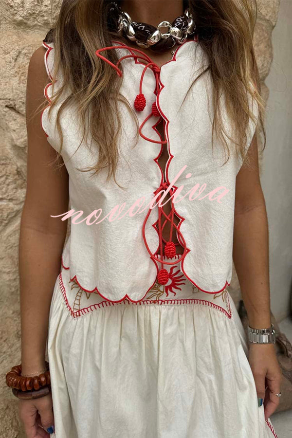 Sunny Day Linen Blend Contrast Embroidered Print Scallop Trim Lace-up Top