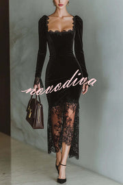 Fashionable Velvet and Lace Patchwork Square Neck Long-sleeved Maxi Dress