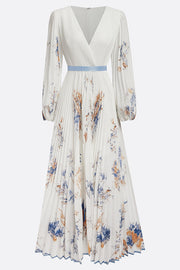 Unique Printed V-Neck Long Sleeve Bow Tie Waist Holiday Maxi Dress