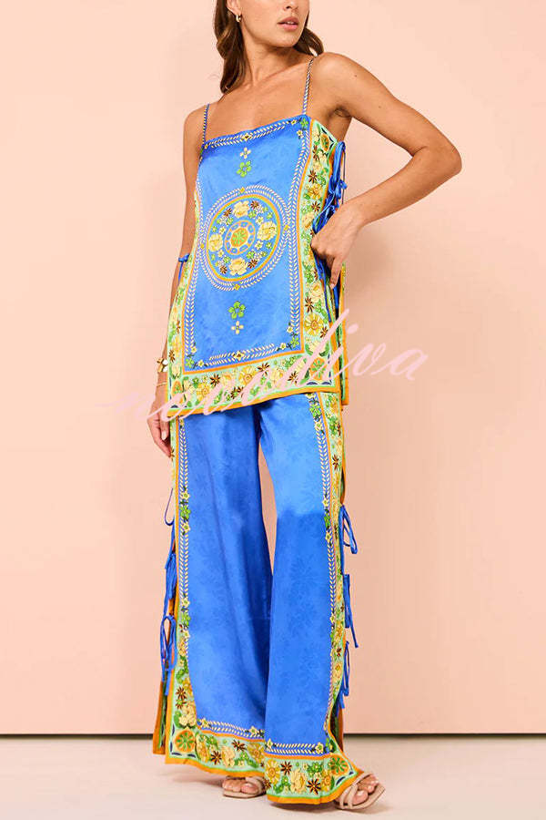 Nara Satin Unique Print Side Lace-up Tank and Elastic Waist Pocketed Wide Leg Pants Set