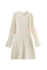 Beautiful Basic Ribbed Knit Long Slit Sleeve Flare Stretch Dress