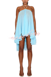 Chiffon Solid Color Halter Backless Irregular Mini Dress
