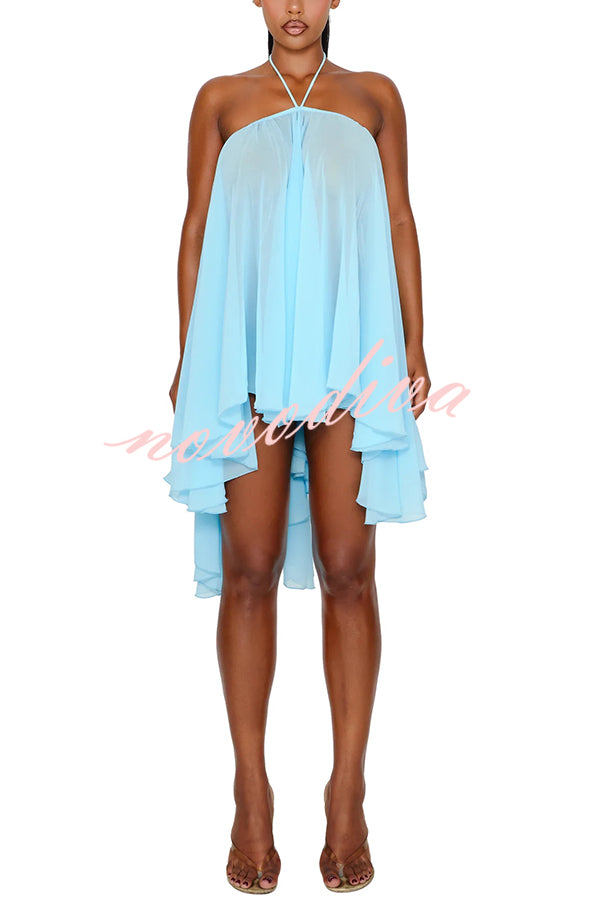 Chiffon Solid Color Halter Backless Irregular Mini Dress