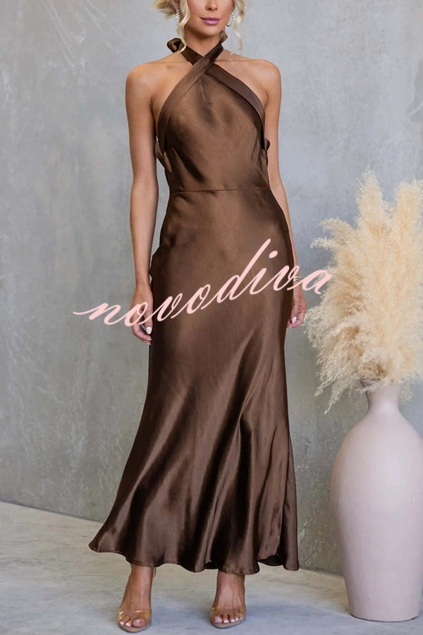 Satin Fashion Halter Backless Slim Elegant Maxi Dress